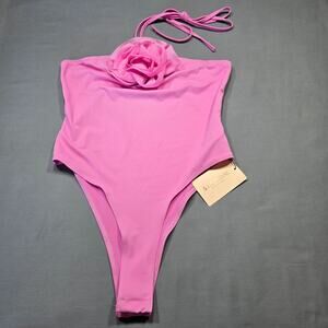 Shein Pink Bodysuit Leotard NEW Stretch Strappy Halter Floral Applique Women's S